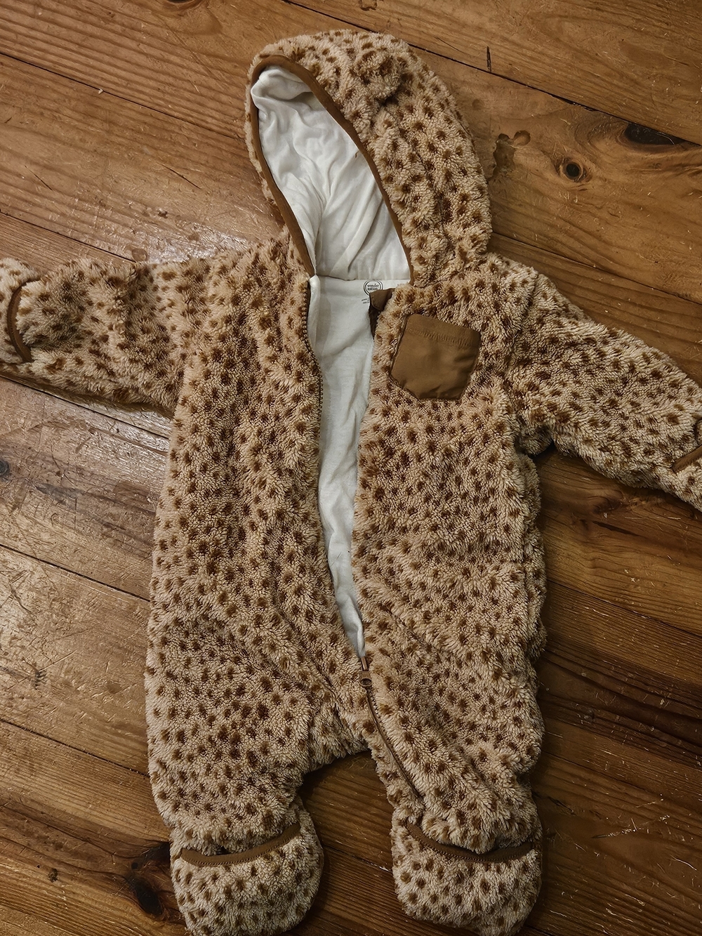 wonder nation Plush Hooded One-Piece in Tan and Brown Spot